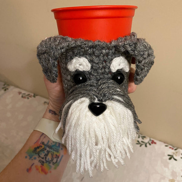 Schnauzer coffee cup sleeve, dog crochet