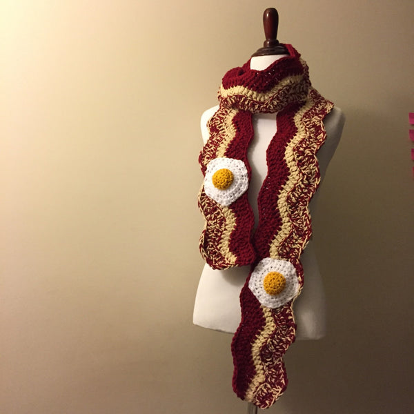 Bacon and eggs crochet scarf, food scarf, handmade, unique gift idea, white elephant party, breakfast scarf, fuller house